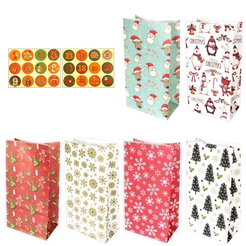 Christmas Paper Bags 120x230x75mm with Stickers - 24/Pack
